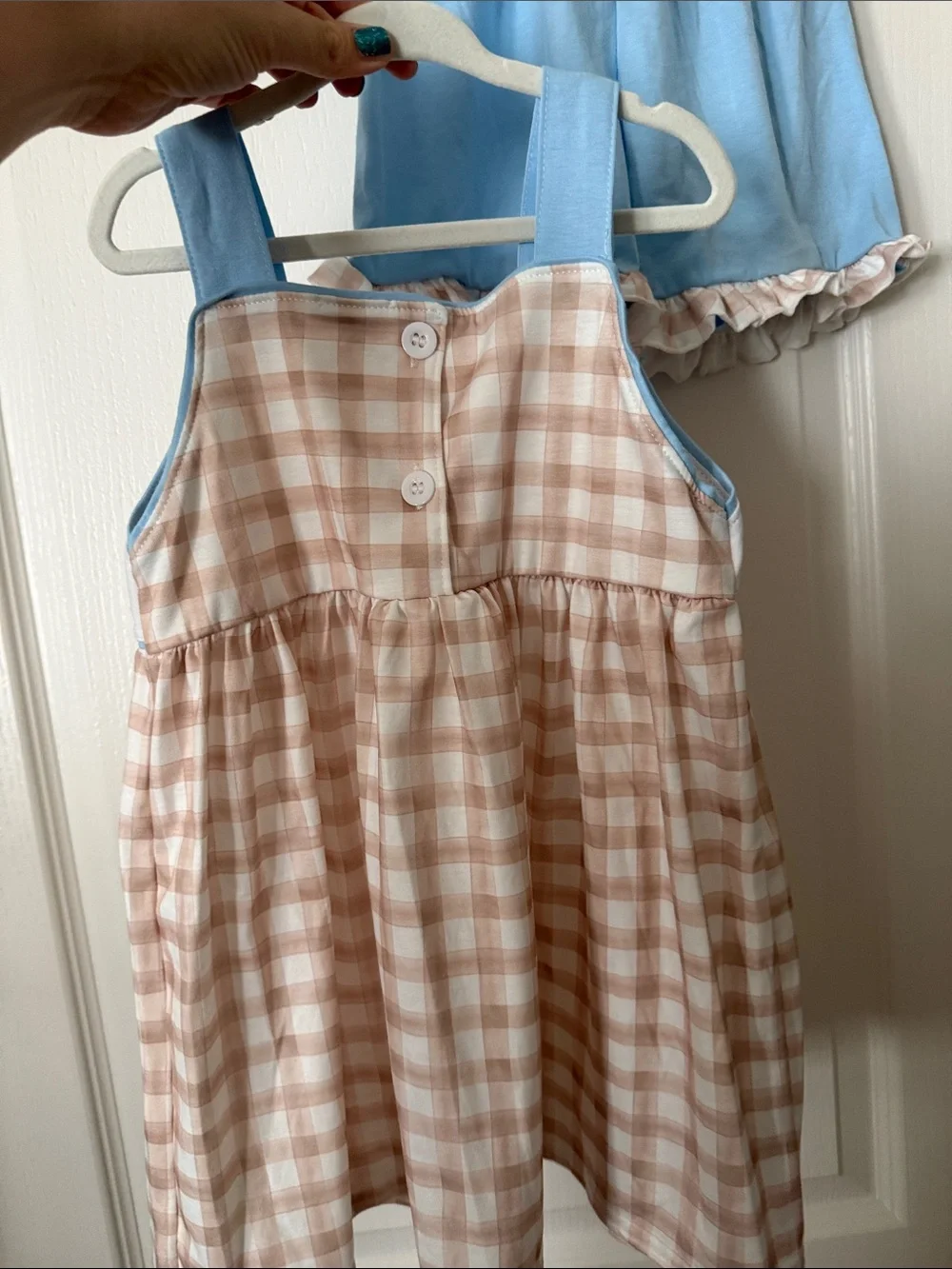 Girls Light Blue & Tan Check Dog Embroidered Matching Set